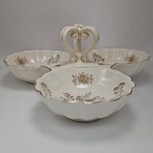 Vintage Japan Porcelain 3 Section Serving Dish Gold Floral Trim Handle